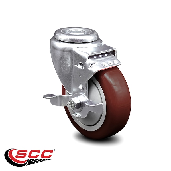 4 Inch Maroon Polyurethane Wheel Swivel Bolt Hole Caster with Brake SCC